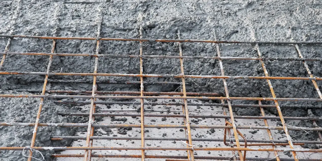 Siatka zbrojeniowa czeka na beton na fundament. Powierzchnia jest szara i chropowata, z widocznymi prętami.