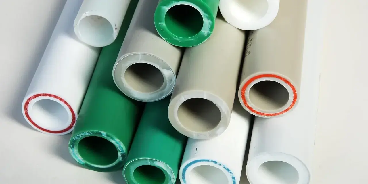 Różne rury plastikowe, białe, zielone i beżowe, z kolorowymi pierścieniami przy końcach, pokazujące metody łączenia rur plastikowych.