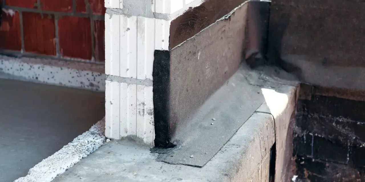 Papa do izolacji poziomej na styku ścian z bloczków i fundamentu. Zabezpieczenie przed wilgocią.