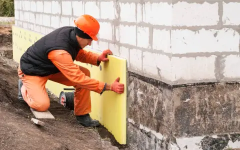 Budowlaniec układa izolację na nierównych fundamentach. Jak zaizolować stare nierówne fundamenty? To klucz do ochrony domu.