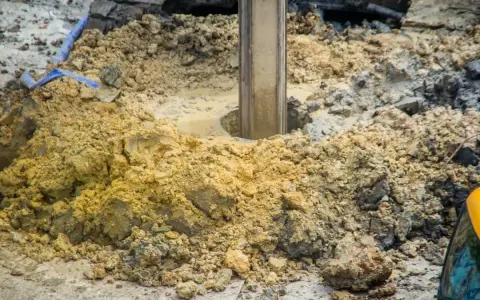 Wiertnica zagłębia się w ziemię, tworząc otwór pod fundamenty palowe. Wokół leżą hałdy ziemi i kamieni.
