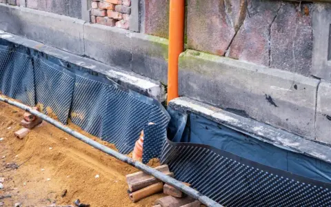 Prace przy izolacji fundamentów w starym domu. Widoczna membrana kubełkowa i rura odpływowa.