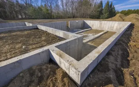 Fundamenty pod dom 120m2 w budowie. Betonowe ściany fundamentowe tworzą zarys przyszłego domu na tle drzew i błękitnego nieba.