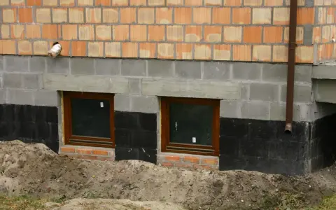 Fundamenty starego domu wymagają wzmocnienia. Widoczne okna piwniczne, izolacja i nowe mury świadczą o pracach.