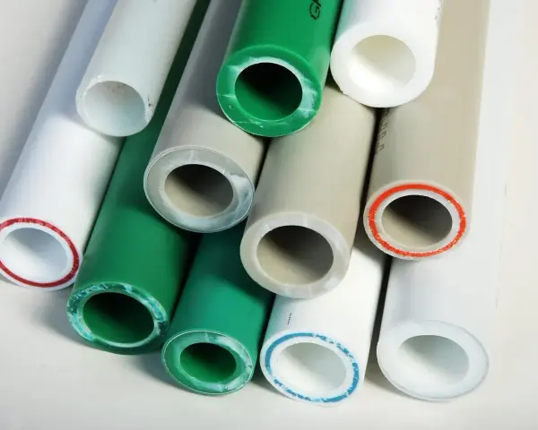 Różne rury plastikowe, białe, zielone i beżowe, z kolorowymi pierścieniami przy końcach, pokazujące metody łączenia rur plastikowych.