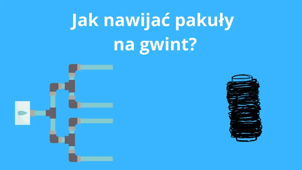 Ilustracja pokazuje instalację hydrauliczną i szpulę z materiałem, sugerując pytanie: w którą stronę nawijać pakuły na gwint, by zapewnić szczelność.